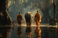 Buddhist Monks and Elephants in the forest. Generative Ai