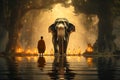 Buddhist Monks and Elephants in the forest. Generative Ai