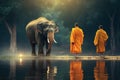 Buddhist Monks and Elephants in the forest. Generative Ai