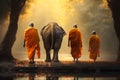 Buddhist Monks and Elephants in the forest. Generative Ai