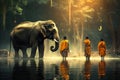 Buddhist Monks and Elephants in the forest. Generative Ai