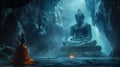 Buddhist monks engaging near serene Buddha statue in the cave. Generative Ai Royalty Free Stock Photo