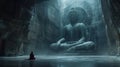 Buddhist monks engaging near serene Buddha statue in the cave. Generative Ai Royalty Free Stock Photo