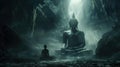 Buddhist monks engaging near serene Buddha statue in the cave. Generative Ai Royalty Free Stock Photo