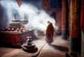 Buddhist monks inside a temple. Ia generative.