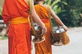 Buddhist monks during Laotian traditional sacred alms giving ceremony in Luang Prabang city, Laos