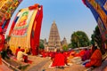 Buddhist monks meditate in front of Mahabodhi Temple Royalty Free Stock Photo