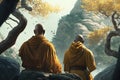 Buddhist monks meditating in nature. AI generative illustration