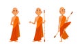 Buddhist Monks in Orange Robes Set, Thai Monks in Different Poses Cartoon Vector Illustration Royalty Free Stock Photo