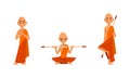 Buddhist Monks in Orange Robes Set, Thai Monks Meditating and Praying Cartoon Vector Illustration