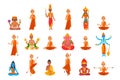 Buddhist Monks in Orange Robes Sitting in Meditation Set Vector Illustration Royalty Free Stock Photo