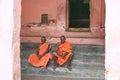 Buddhist Monks praying at Mahabodhi Temple. Mahabodhi Temple. is considered one of the most important Buddhist Royalty Free Stock Photo