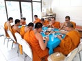 Buddhist monks take forenoon meal. Lunch after offering. Thailand