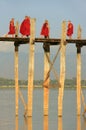 Buddhist monks walking on U Bein bridge, Amarapura, Myanmar