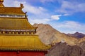 The Buddhist Namgyal Tsemo Gompa monastery seen from the golden temple roof at Shanti Stupa in Leh, India Royalty Free Stock Photo