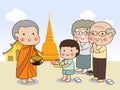 Buddhist novice holding alms bowl to receive food offering from boy with temple