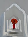 A Buddhist novice monk at white temple Royalty Free Stock Photo