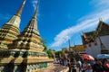 Buddhist pagoda temple sunshine day blue sky in Bangkok