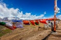 Prayer flages in Buddhist Monastery in Comic Village. Spiti Valley, Himachal Pradesh, India