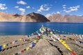 Buddhist prayer flags flying at Pangong Lake, Ladakh, India Royalty Free Stock Photo