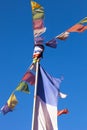 Buddhist prayer flags isolated on blue sky background, Nepal buddhism Royalty Free Stock Photo