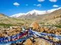 Buddhist prayer flags over the small river with blue sky and mountain on background