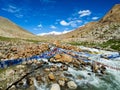 Buddhist prayer flags over the small river with blue sky and mountain on background