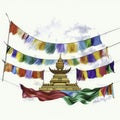 Buddhist prayer flags on a white background with copy space. AI Generated