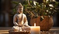 Buddhist statue meditates, candle flame symbolizes spirituality and relaxation generated by AI
