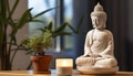 Buddhist statue meditates, candle flickers, harmony fills tranquil room generated by AI