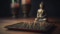 Buddhist statue meditates in harmony with burning candle flame generated by AI