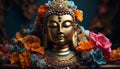 Buddhist statue meditating, surrounded by colorful decorations and flowers generated by AI