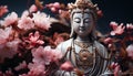Buddhist statue meditating, surrounded by colorful flowers and nature generated by AI