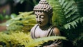Buddhist statue meditating in tranquil forest, ancient culture generated by AI