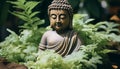 Buddhist statue meditating in tranquil green forest generated by AI