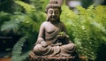 Buddhist statue meditating in tranquil green forest generated by AI
