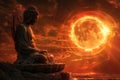 A Buddhist statue sits on a rock overlooking a large red sun Royalty Free Stock Photo