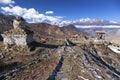 Buddhist Stupa Prayer Flags Nepal Himalaya Mountains Scenic Landscape Annapurna Circuit Hiking Trek Royalty Free Stock Photo