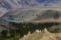 Buddhist Stupa, mound-like or hemispherical structure containing relics , used as a place of meditation. Green trees and Himalayan Royalty Free Stock Photo