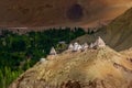 Buddhist Stupa, mound-like or hemispherical structure containing relics , used as a place of meditation. Green trees and Himalayan Royalty Free Stock Photo