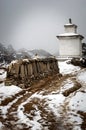 Buddhist stupa and prayer flags in Khunde Village in Solukhumbu, Everest Region in Nepal Royalty Free Stock Photo