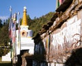 Buddhist stupa, prayer flags and Mani prayer wall