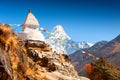 Buddhist stupa and view of Mount Ama Dablam in Himalayas, Nepal Royalty Free Stock Photo