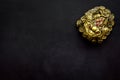 Buddhist symbol. Oriental three legged toad with gold coins on black background top view space for text