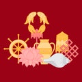 Buddhist symbolism, The 8 Auspicious Symbols of Buddhism, Right-coiled White Conch, Precious Umbrella, Victory Banner, Golden Fish