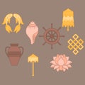 Buddhist symbolism, The 8 Auspicious Symbols of Buddhism, Right-coiled White Conch, Precious Umbrella, Victory Banner, Golden Fish