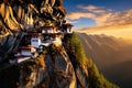 Buddhist temple on the cliff in the morning, Thailand, Tiger\'s nest Temple Paro valley Bhutan