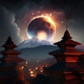 Buddhist temple and full moon in the sky - 3D render Royalty Free Stock Photo