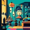 Buddhist temple interior with statues and hieroglyphs vector illustration Generative AI