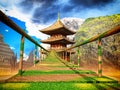 Buddhist temple in mountains with old Japanese rope bridge 3d rendering Royalty Free Stock Photo